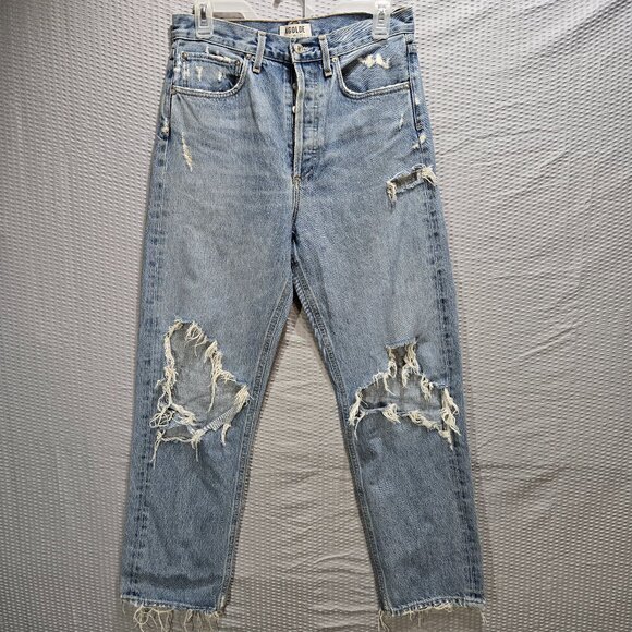 Agolde Denim - AGOLDE Women's 90s Jeans Mid Rise in Light Wash Loose Fit Distressed Straight